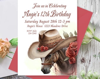 Country Western Birthday Invite, Horse, Roses Invite, 12th Birthday (any age), Editable Country Invite, 5x7 Editable Party Invite, Printable