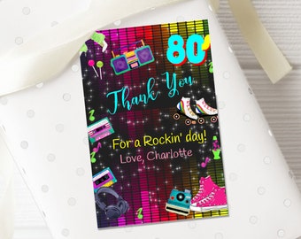 80's Thank You Tags, Back to the 80's, Any Age Thank You Tags, Favor Tags, 2x3 Inch AND 3x4 Inch, Editable Online, Printable Download