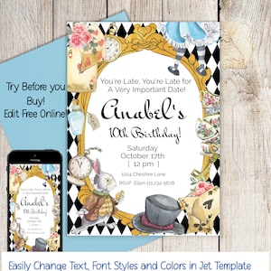 Alice in Wonderland Birthday Invitation, Mad Hatter Tea Party, 5x7 Editable Online, Birthday Invite, Printable Download