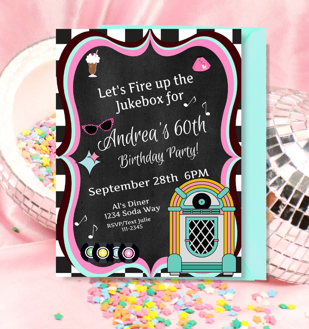 50's Birthday Invitation, Jukebox, Sock Hop Invite, Diner Birthday ...