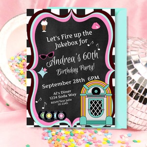 50's Birthday Invitation, Jukebox, Sock Hop Invite, Diner Birthday Party, 5x7 Editable Online, Birthday Invite, Printable Download