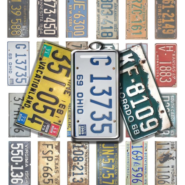 Vintage License Plates 1x2 inch  Digital Collage Printable for domino and rectangle jewelry-Digital Download, Instant Download