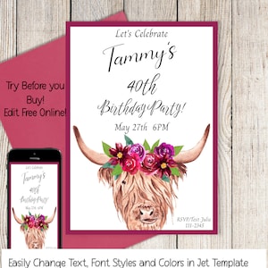 Highland Cow Invitation, Cow Birthday Party, Floral Cow, Farm Invite, 5x7 Editable Shower Invite, Printable Download