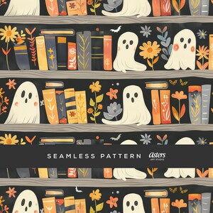 Peut inclure: Motif sans couture représentant une bibliothèque avec des livres, des fleurs, des fantômes et des chauves-souris. Les livres sont de différentes couleurs, dont l'orange, le jaune et le bleu. Le texte "SEAMLESS PATTERN" et "ASTERS ART STUDIO" est affiché.