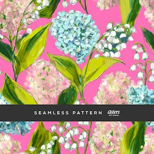 Hortensia sömlöst mönster, digitalt papper med rosa blommor, liljekonvalj-yta design, djärv trädgårdsupprepning bakgrund