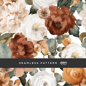 Könnte beinhalten: Nahtloses Aquarell-Blumenmuster mit weißen, braunen und pfirsichfarbenen Blumen und grünen Blättern. Der Text "SEAMLESS PATTERN" ist auf einem dunkelgrauen Banner zu sehen. Design von Asters Art Studio.
