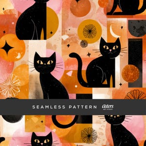 May include: Seamless pattern featuring black cats with yellow eyes, set against a backdrop of orange, pink, and gold geometric shapes. The design includes floral and star motifs, with the text "SEAMLESS PATTERN" at the bottom.