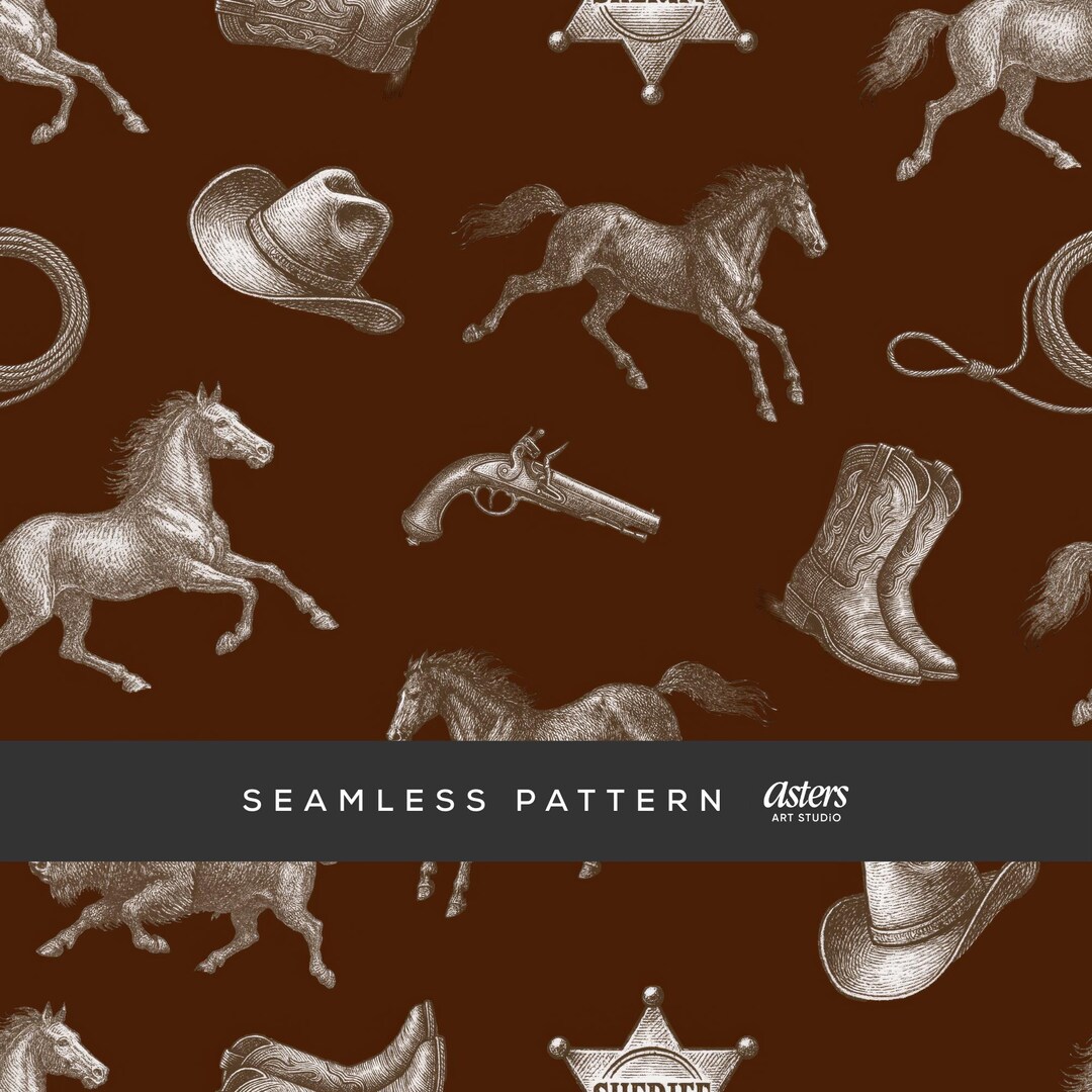 Vintage Western Cowboy Seamless Pattern With Horses Hats Pistols Boots ...