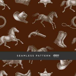 May include: Seamless pattern with cowboy-themed illustrations in sepia tones. The design features horses, cowboy hats, boots, a sheriff's badge, a pistol, and a lasso on a brown background. The text "SEAMLESS PATTERN" is displayed.