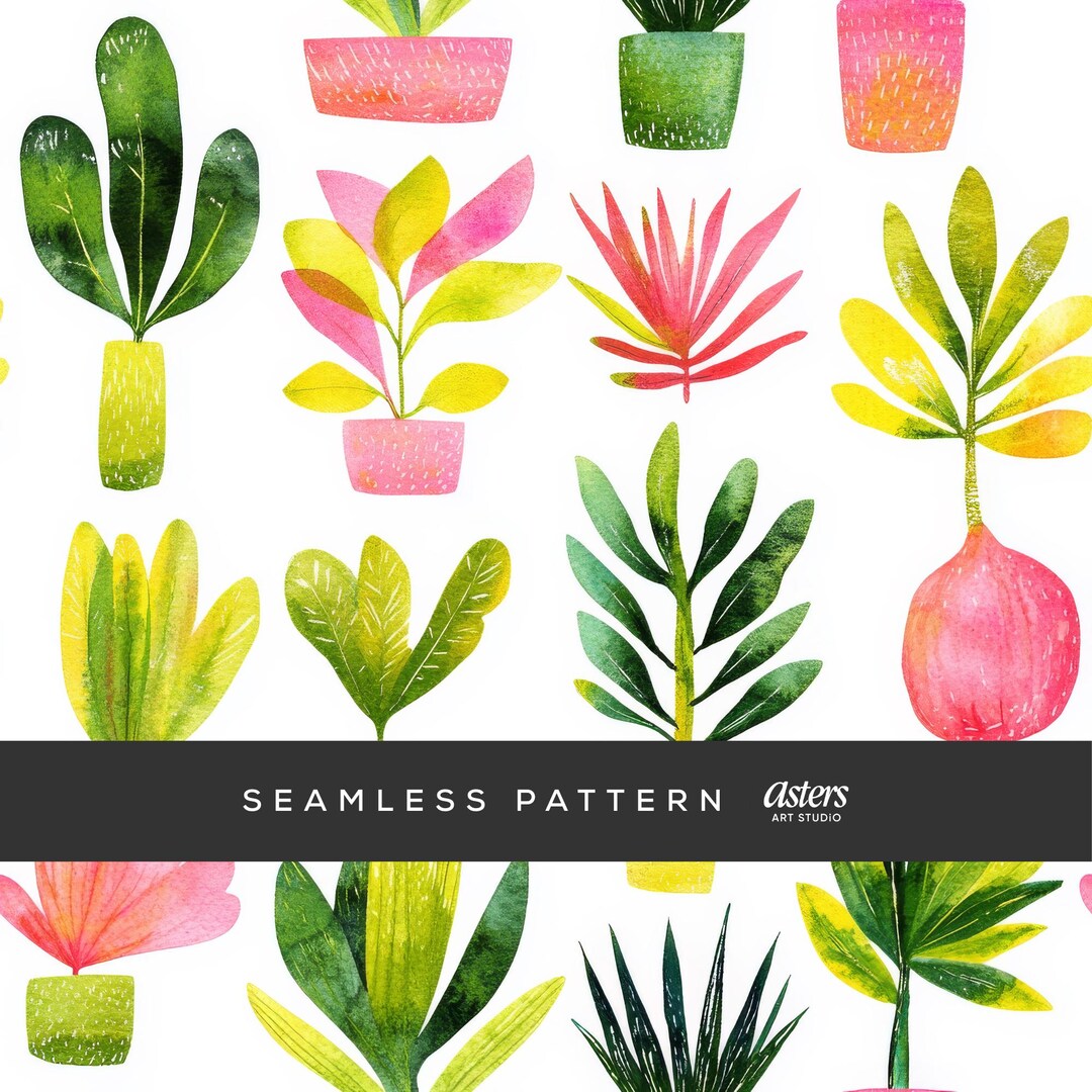 Watercolor Potted Plants Seamless Pattern, Bright Botanical Digital ...