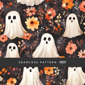 May include: A seamless pattern featuring white ghosts with black eyes and mouths, set amongst orange and yellow flowers and foliage on a dark background. The text "SEAMLESS PATTERN" is displayed.