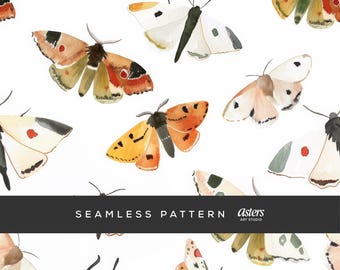 Boho Moth Seamless Pattern, Watercolor Moth Digital Paper, Cottagecore Insect Print, Neutral Boho Background, Moth Repeat Surface Design