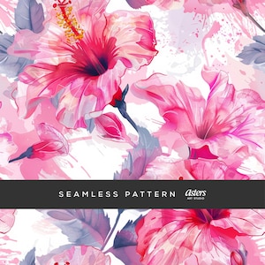 Hibiscus Floral Seamless Pattern Bundle, 16 Tropical Pink Flower Digital Paper, Watercolor Summer Floral Backgrounds, Seamless Fabric Design