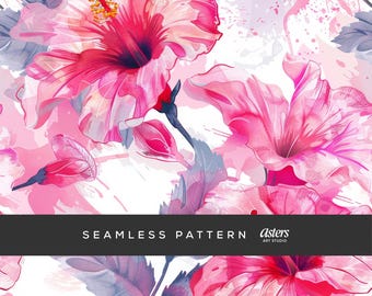 Pacchetto di motivi floreali di ibisco senza soluzione di continuità, 16 carte digitali con fiori rosa tropicali, sfondi floreali estivi ad acquerello, design in tessuto senza soluzione di continuità