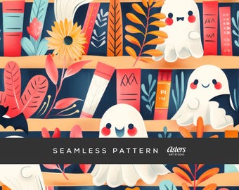 Halloween Bookshelf PNG Seamless Pattern, Cute Ghosts and Books Digital Paper, Kawaii Spooky Library Background, Bookish Fall Print Pattern