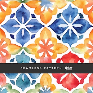 Mexican Tiles Seamless Pattern, Watercolor Talavera Tile Digital Paper, Spanish Tile Repeat Background, Mexican Talavera Tile Surface Design