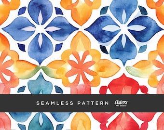 Mexican Tiles Seamless Pattern, Watercolor Talavera Tile Digital Paper, Spanish Tile Repeat Background, Mexican Talavera Tile Surface Design