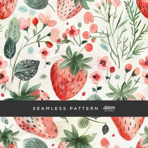 Motivo senza soluzione di continuità con fragole, carta digitale per acquerello Cottagecore, disegno di superficie di frutta, fragole estive e sfondo floreale ripetuto