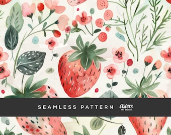 Strawberry Seamless Pattern, Cottagecore Watercolor Digital Paper, Fruit Surface Design, Summer Strawberries and Floral Repeat Background