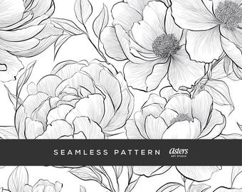Black and White Floral Line Art Seamless Pattern Elegant Peony Digital Paper Botanical Outline Repeat Background Coloring Design
