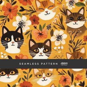 May include: A seamless pattern featuring cat faces and floral elements in shades of orange, white, and brown on a mustard yellow background. The text "SEAMLESS PATTERN" is displayed in a black banner.