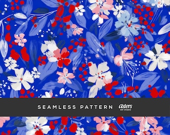 4th of July Ditsy Floral Seamless Pattern, Red White and Blue Digital Paper, Patriotic Summer Background, Americana Surface Design