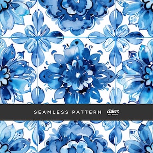Portuguese Azulejo Tile Seamless Pattern Blue Watercolor Digital Paper for Sublimation, Kitchen Decor, Fabric, and Tumbler Wrap Designs