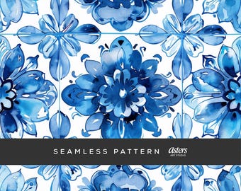 Portuguese Azulejo Tile Seamless Pattern Blue Watercolor Digital Paper for Sublimation, Kitchen Decor, Fabric, and Tumbler Wrap Designs