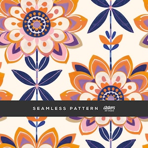 Könnte beinhalten: Ein nahtloses Muster mit stilisierten orangefarbenen, rosa und weißen Blumen mit blauen und violetten Akzenten auf weißem Hintergrund. Der Text "Seamless Pattern" und "asters art studio" befindet sich am unteren Rand des Bildes.