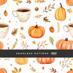 Pumpkin Coffee Autumn Seamless Pattern, Watercolor Fall Digital Paper, Cozy Pumpkin Spice Pattern, Thanksgiving Fall Seamless Background