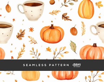Pompoenkoffie herfst naadloos patroon, aquarel herfst digitaal papier, gezellig pompoenkruidpatroon, Thanksgiving herfst naadloze achtergrond
