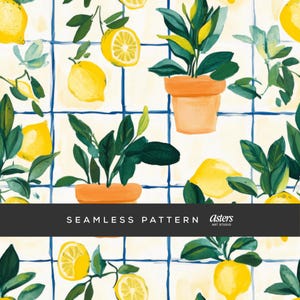 May include: Seamless pattern featuring yellow lemons, green leafy plants in orange pots, and blue grid lines on a cream background. The text "SEAMLESS PATTERN" is displayed in white on a black banner.