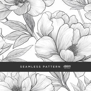 May include: Black and white seamless pattern featuring detailed line art of peony flowers and leaves. The design includes large, open blooms and foliage against a white background. The text "SEAMLESS PATTERN" is displayed in a black banner.
