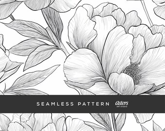 Black and White Floral Line Art Seamless Pattern Elegant Flower Digital Paper Botanical Coloring Page Modern Background Design