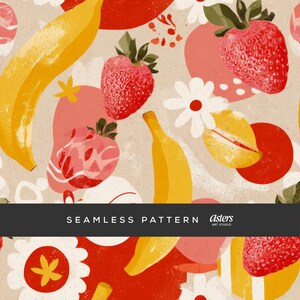 Bananen-Erdbeer-nahtloses Muster, Retro-Beeren-Frucht-Blumen-Digital-Papier, Sommer-abstrakter Druck, wiederholen Hintergrund kommerzielle Nutzung