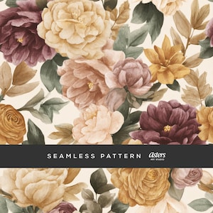 May include: Seamless floral pattern featuring watercolor-style flowers in shades of burgundy, peach, and gold, with green leaves on a cream background. The text "SEAMLESS PATTERN" is displayed in a black banner.