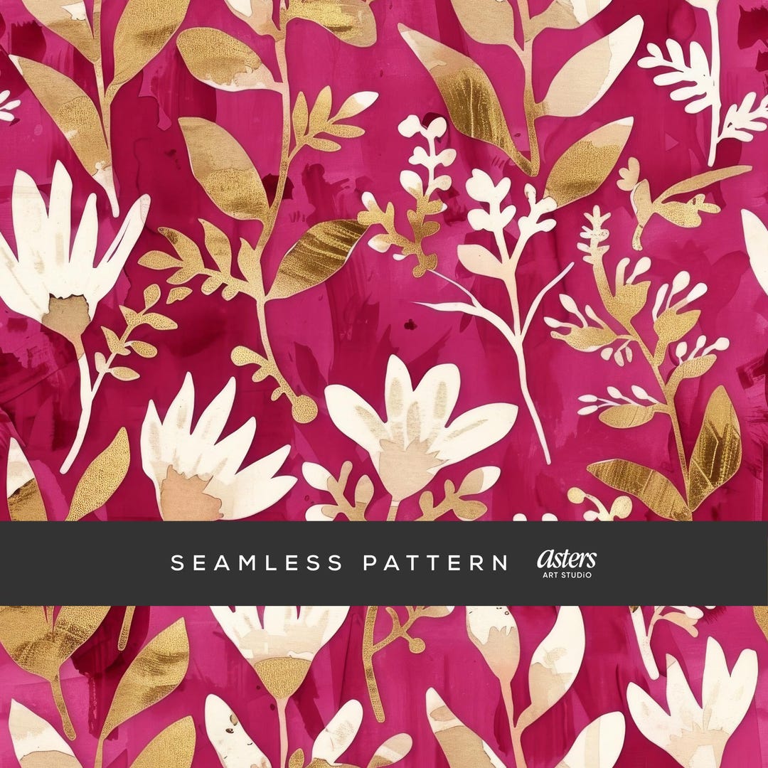 Hot Pink Gold Floral Seamless Pattern, Bold Watercolor Flower Digital ...