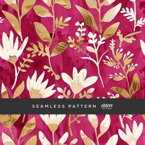 Hot Pink Gold Floral Seamless Pattern, Bold Watercolor Flower Digital Paper, Glam Luxe Background for Fabric, Wedding Decor, and POD Use