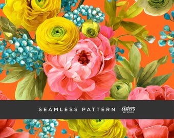 Naadloze ranonkelpatroon, schilderachtig bloemen digitaal papier, gedurfde zomerbloem herhalen achtergrond, maximalistisch oppervlakteontwerp, tuinkern