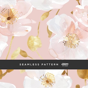 Blush Rosa Gold Floral nahtlose Muster, Blush Aquarell Blumen Digital Papier, eleganten vergoldeten floralen Hintergrund, romantische Stoff-Design