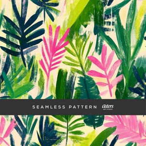 Peut inclure: Un motif sans couture composé de feuilles vertes et roses peintes à la brosse sur un fond crème. Le motif est intitulé "Seamless Pattern" avec le texte "asters art studio" en dessous.