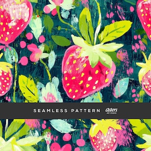 May include: Seamless pattern featuring vibrant, hand-painted strawberries in shades of red and yellow, with green leaves and pink flowers. The design is set against a dark teal background. The text "SEAMLESS PATTERN" is displayed.