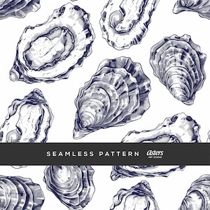 Oysters Seamless Pattern Oysters Digital Paper, Nautical Coastal Blue Shell Seamless, Ocean Seafood Surface Design for Sublimation & Crafts