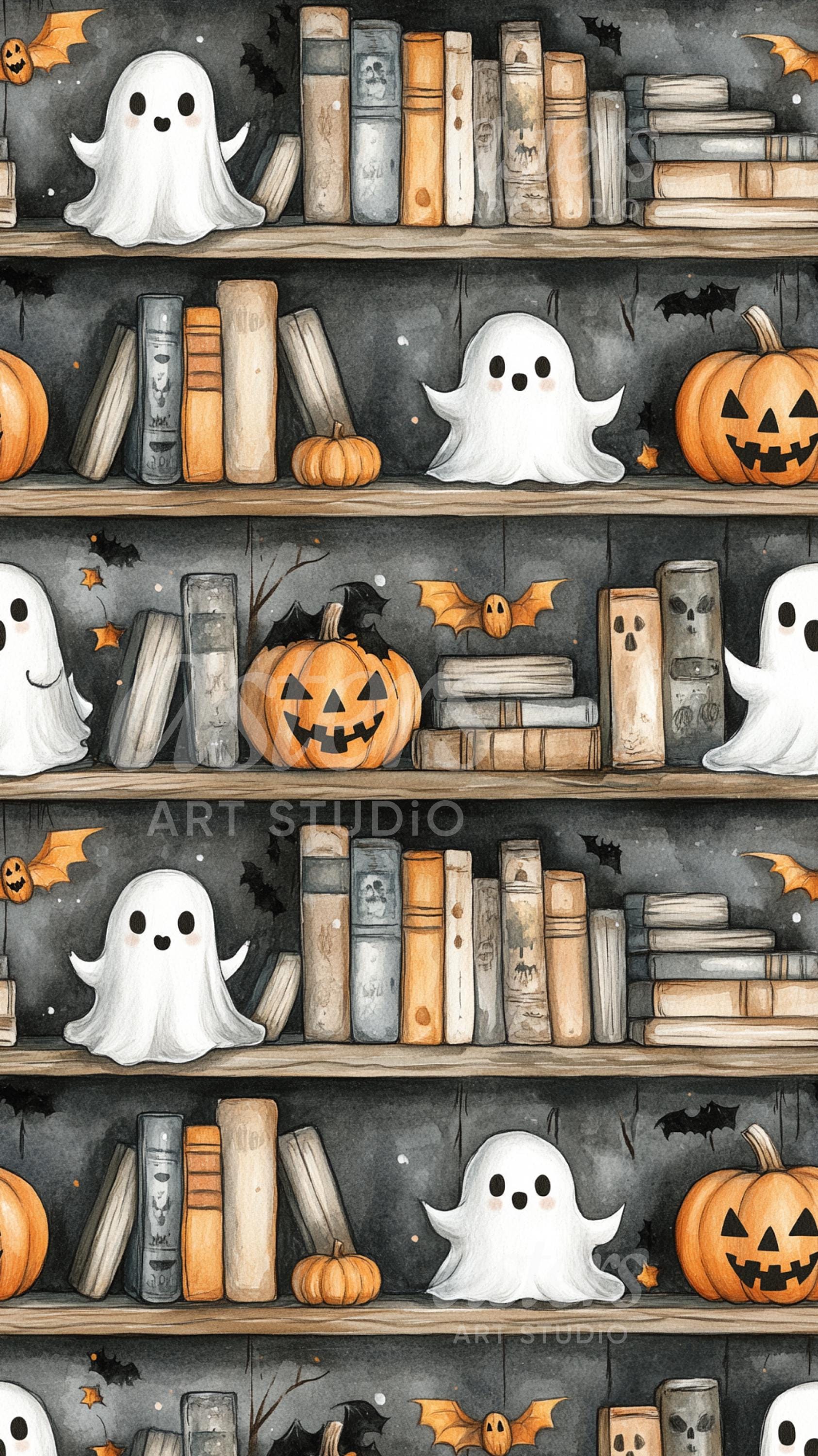 Bookish Ghost Seamless Pattern Haunted Library Digital Paper Book Lover ...