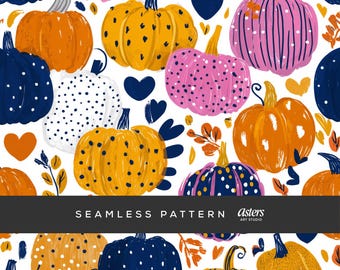 Preppy Pumpkin Seamless Pattern Colorful Fall Digital Paper Painterly Polka Dot Pumpkins Halloween Autumn Sublimation Repeat Design