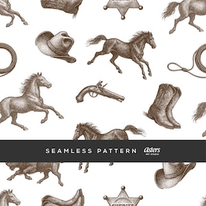 May include: Seamless pattern featuring cowboy-themed illustrations in sepia tones. The design includes horses, cowboy boots, a sheriff's badge, a pistol, a cowboy hat, and a lasso. The words "SEAMLESS PATTERN" are displayed in the center.