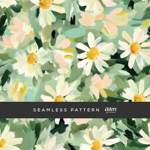 May include: Seamless pattern featuring a painterly design of white daisies with yellow centers and soft peach accents against a green backdrop. The text "SEAMLESS PATTERN" is displayed in a black banner.