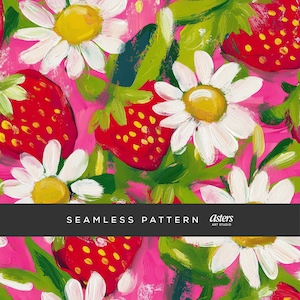 Adrette Erdbeere nahtlose Muster, mutiges Erdbeer-Gänseblümchen-Digital-Papier, Pink-Frucht-Blumenhintergrund, Malerisches Rapport-Oberflächendesign