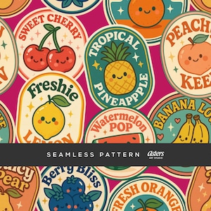 May include: Seamless pattern featuring retro-style fruit illustrations, including cherries, pineapple, lemon, peach, banana, and watermelon. The design includes the text "SEAMLESS PATTERN" and "Asters ART STUDIO" on a magenta background.