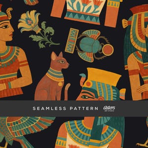 Puede incluir: Patrón sin costuras con ilustraciones de temática egipcia sobre fondo negro. El diseño incluye faraones, gatos, escarabajos y elementos jeroglíficos en tonos naranja, turquesa, amarillo y marrón. Se muestra el texto "SEAMLESS PATTERN".